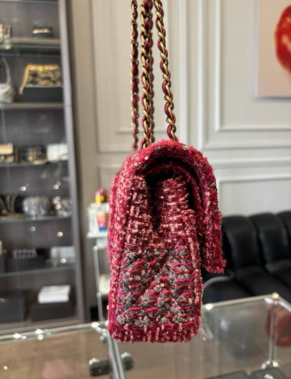 Chanel Burgundy Red And Multicolor Tweed Medium Classic Flap Bag Gold Hardware Rare Model
