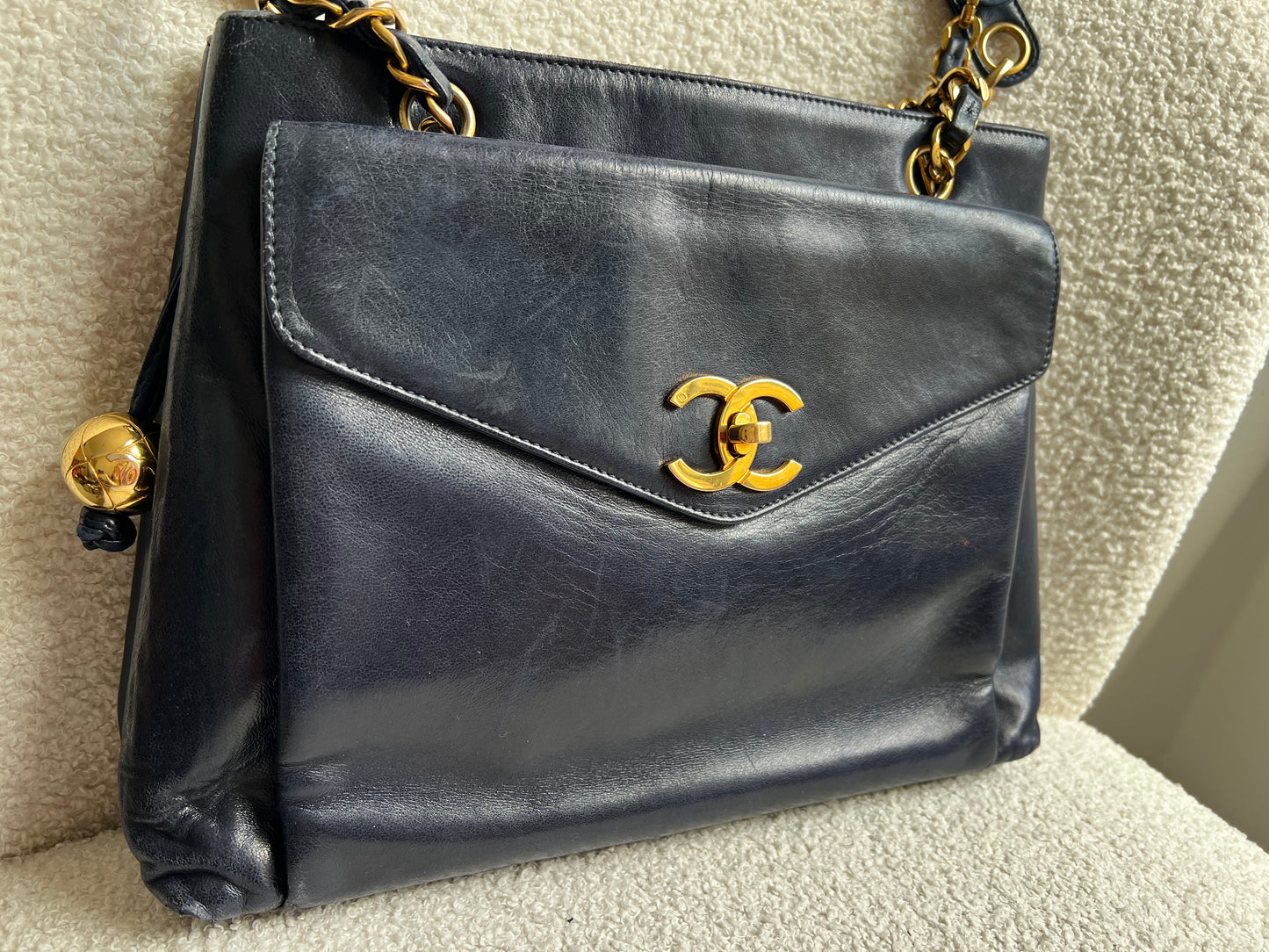 Chanel Vintage Navy Lambskin Chain Tote with 24k Gold Hardware