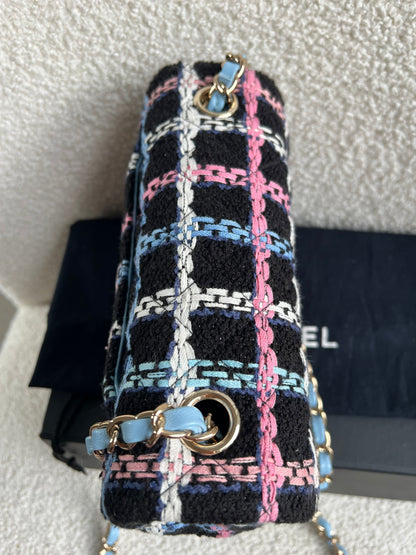 Chanel Classic Quilted Rectangular Mini Flap Bag in Multi Coloured Boucle Tweed and Champagne Gold Hardware (RRP £4390)
