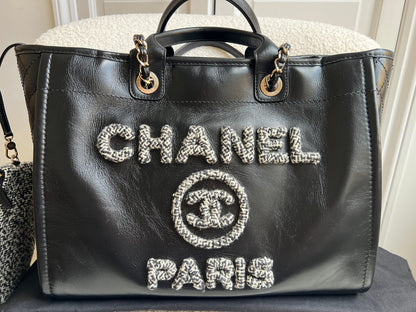 Chanel Deauville Tote in Black Glazed Calfskin and Monochrome Boucle Tweed (RRP £5800)