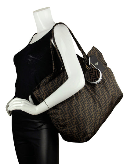 Fendi NWT Brown Monogram Nylon Foldaway Tote Bag w/ Tamburo Pocket Charm