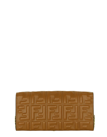 Fendi Brown Embossed Logo Baguette Continental Wallet With Chain