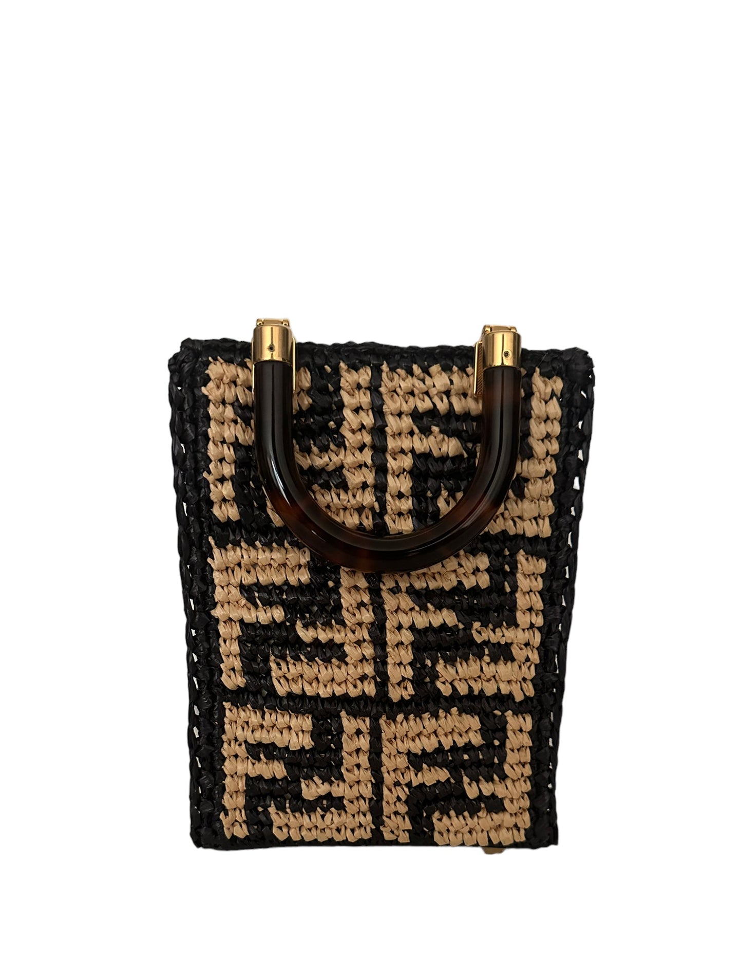 Fendi Monogram Black/Beige Raffia Mini Sunshine Shopper Tote Bag