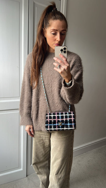 Chanel Classic Quilted Rectangular Mini Flap Bag in Multi Coloured Boucle Tweed and Champagne Gold Hardware (RRP £4390)