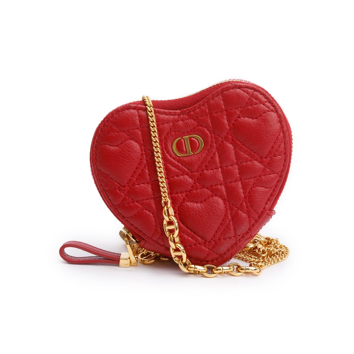 Christian Dior 2023 Red Cannage Calfskin Leather Dioramour Caro Heart Chain Pouch