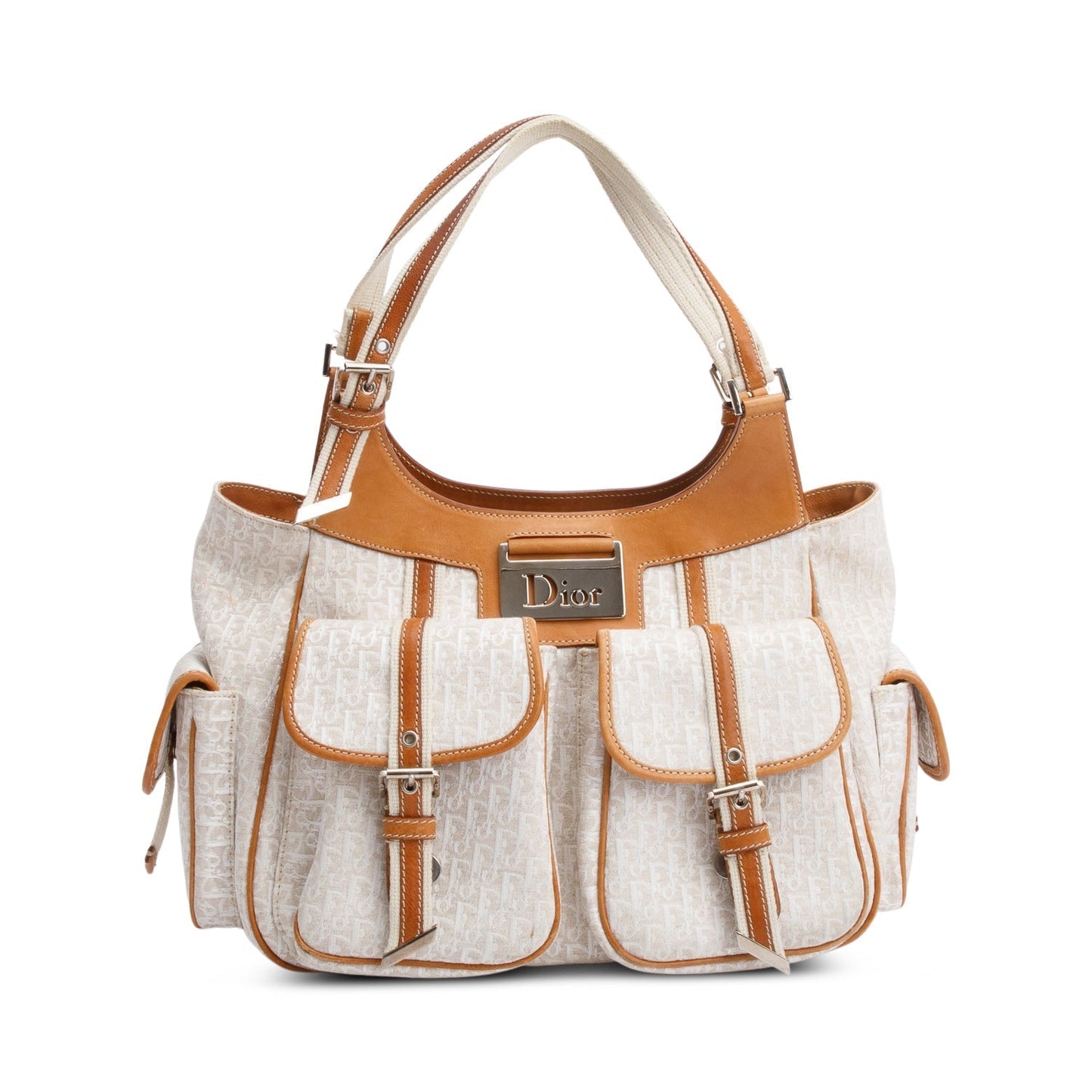 Christian Dior White Diorissimo Tan Leather Multi-Pocket Tote