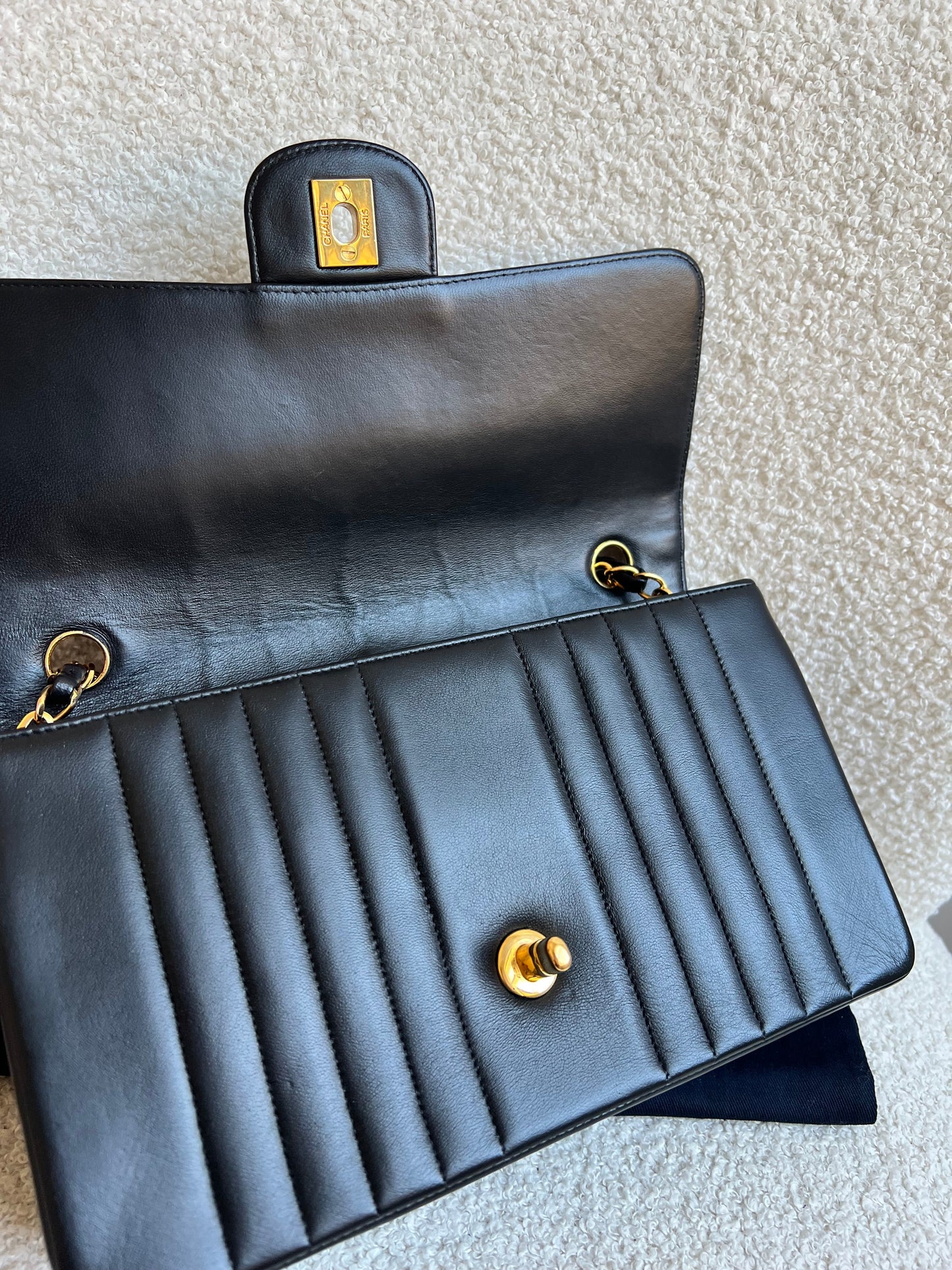 Chanel Medium Black Vertical Quilted Lambskin Vintage Classic Flap Bag with 24K gold hardware