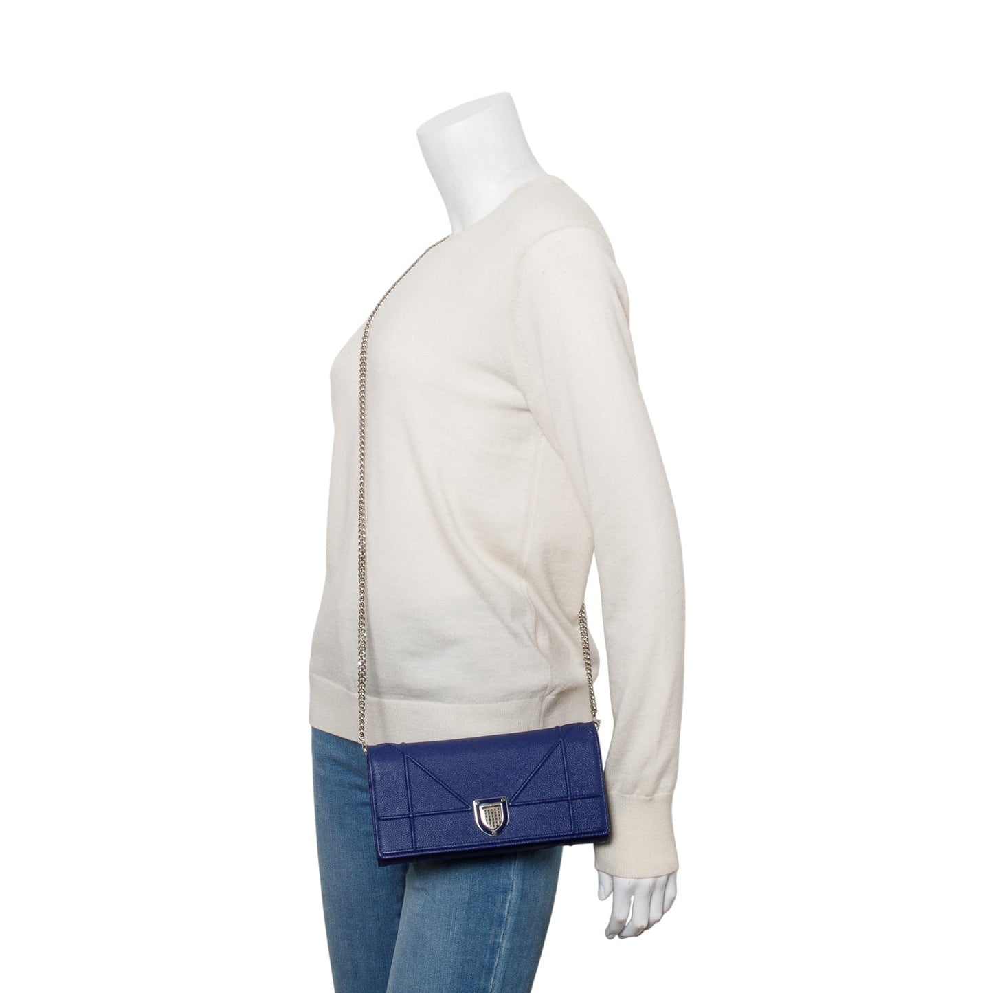 Christian Dior Blue Grained Calfskin Leather Diorama Croisiere Wallet on Chain