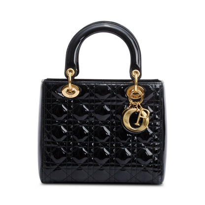 Christian Dior Black Cannage Patent Leather Medium Lady Dior Bag