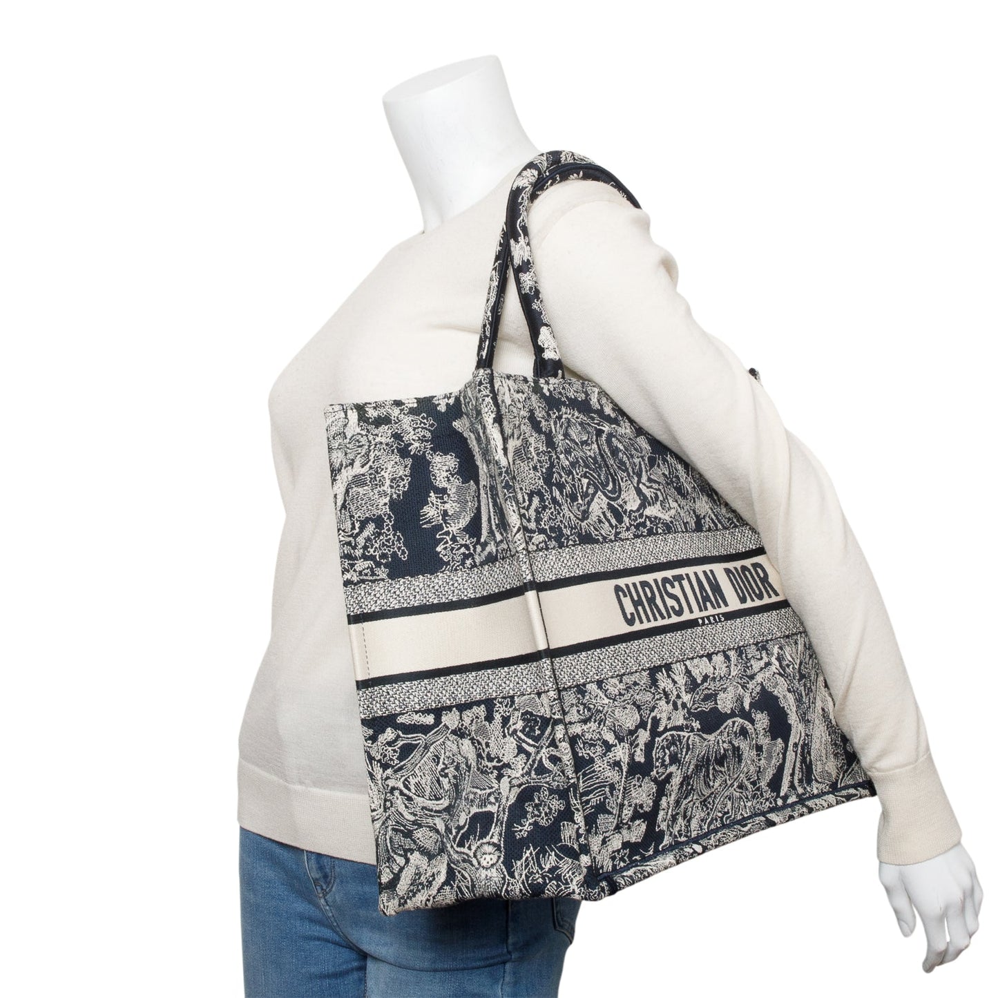 Christian Dior 2022 Large Ecru and Blue Toile de Jouy Embroidery Canvas Book Tote