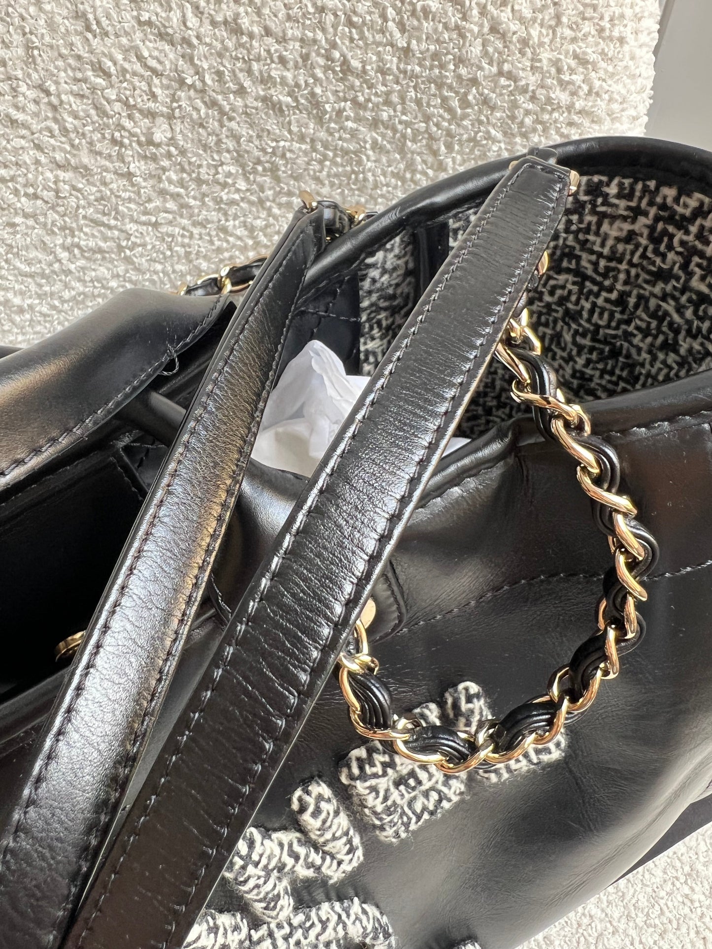 Chanel Deauville Tote in Black Glazed Calfskin and Monochrome Boucle Tweed (RRP £5800)