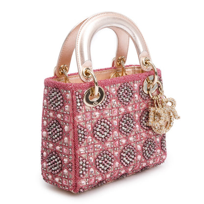 Christian Dior Pink Lambskin & Satin Embroidered Crystal Beads Mini Lady Dior Bag