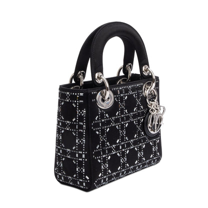 Christian Dior 2020 Black Strass Cannage Satin Mini Lady Dior Bag