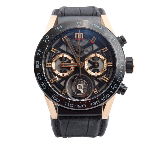 Tag Heuer 18k Rose Gold, Black Titanium & Ceramic Carrera 45 MM Automatic Chronograph Tourbillon Watch CAR5A5U w/ Box & Papers