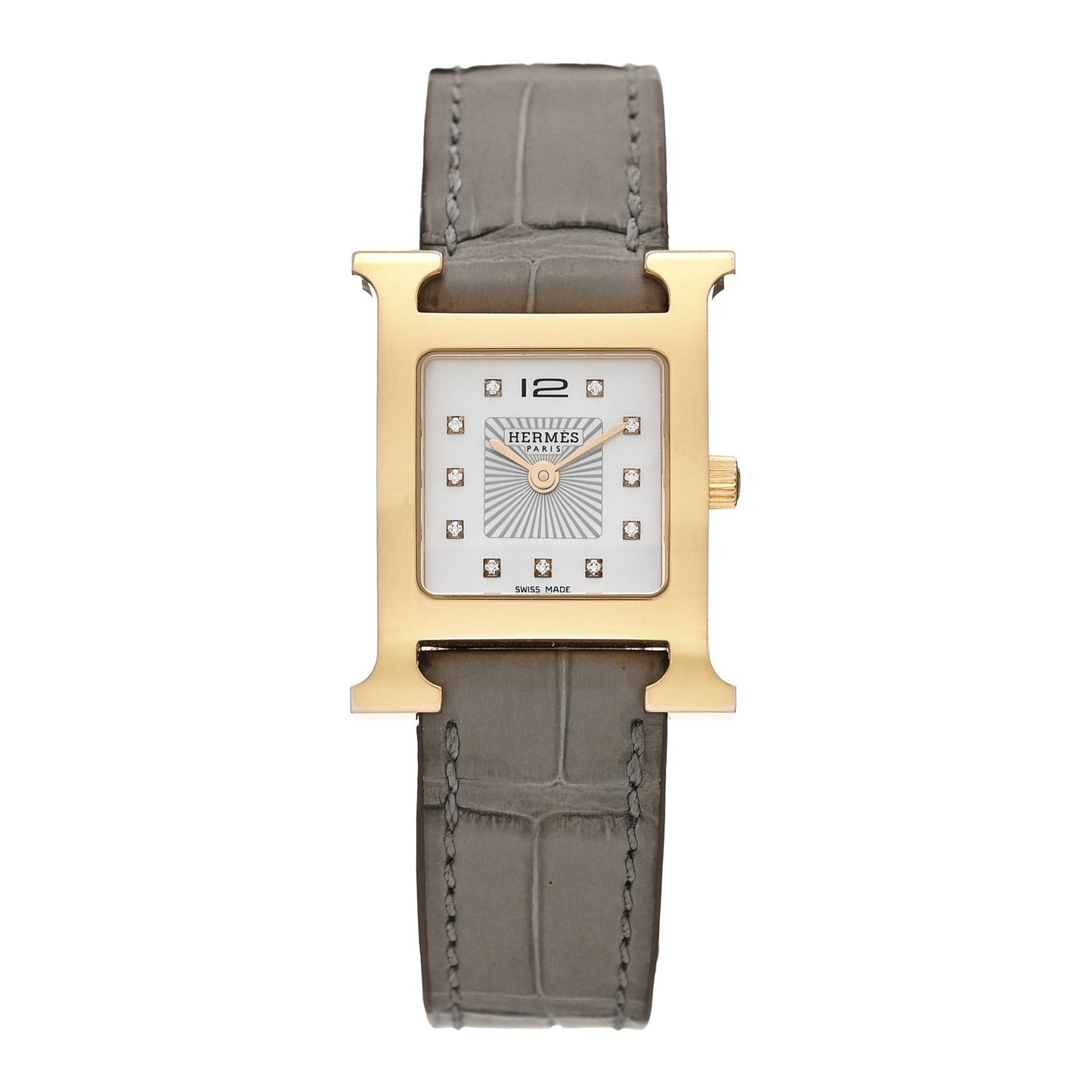 Stainless Steel Alligator Diamond Mother of Pearl 21mm Heure H Hour Quartz Watch Gris Perle