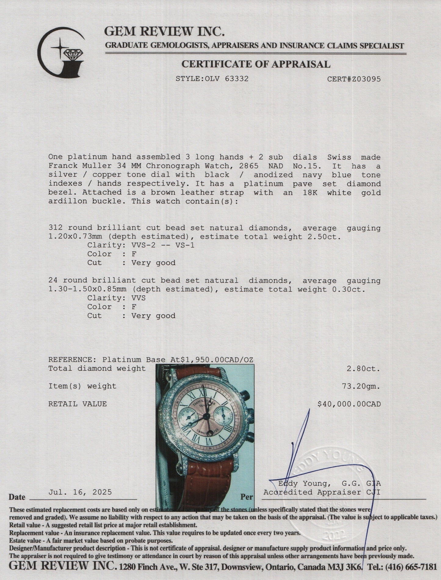 Franck Muller Platinum Pave Diamond 34 MM Chronograph Watch 2865 NAD