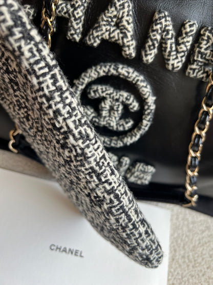Chanel Deauville Tote in Black Glazed Calfskin and Monochrome Boucle Tweed (RRP £5800)