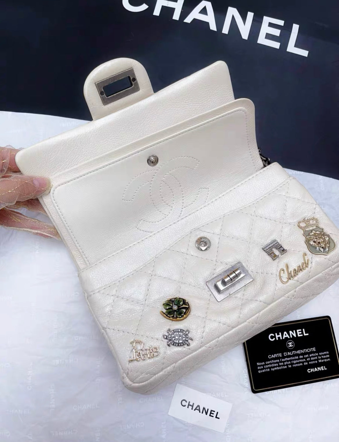 Chanel Pearl White Quilted Leather Limited Edition Lucky Charm Reissue 2 55 Classic Flap Bag