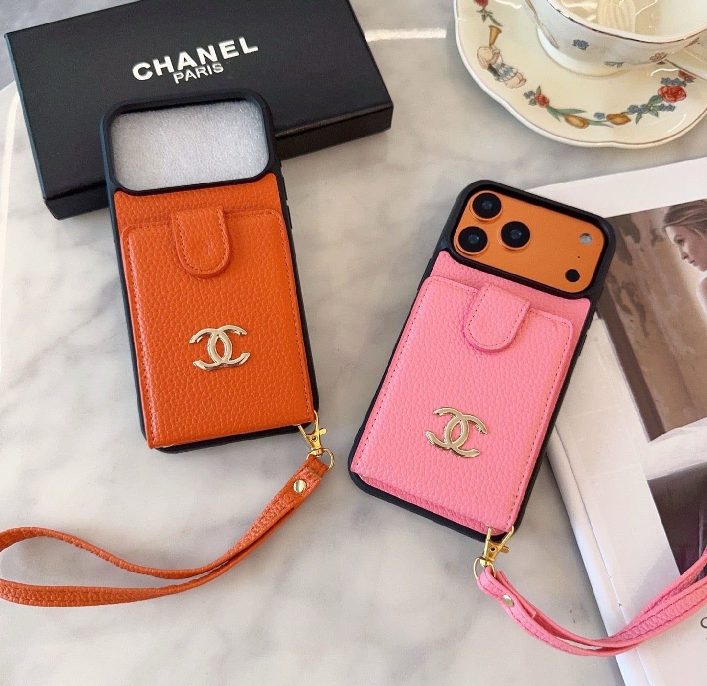 Chanel Style Leather Flip Card Holder Crossbody Phone Case