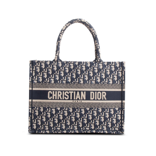 Christian Dior 2023 Ecru and Blue Oblique Embroidery Medium Book Tote