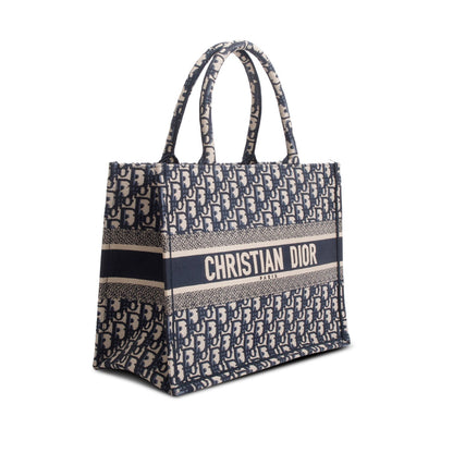 Christian Dior 2023 Ecru and Blue Oblique Embroidery Medium Book Tote