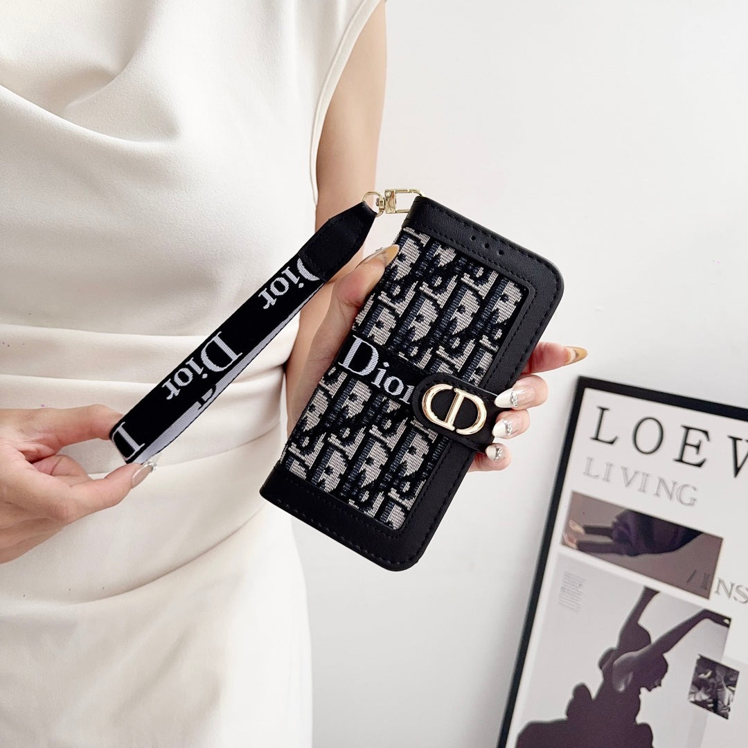 Dior Oblique Monogram Flip Wallet Phone Case With Brand Wrist Strap