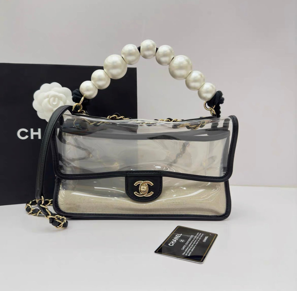 Chanel Lambskin Pvc Sand By The Sea Flap Bag With Pearl Strap