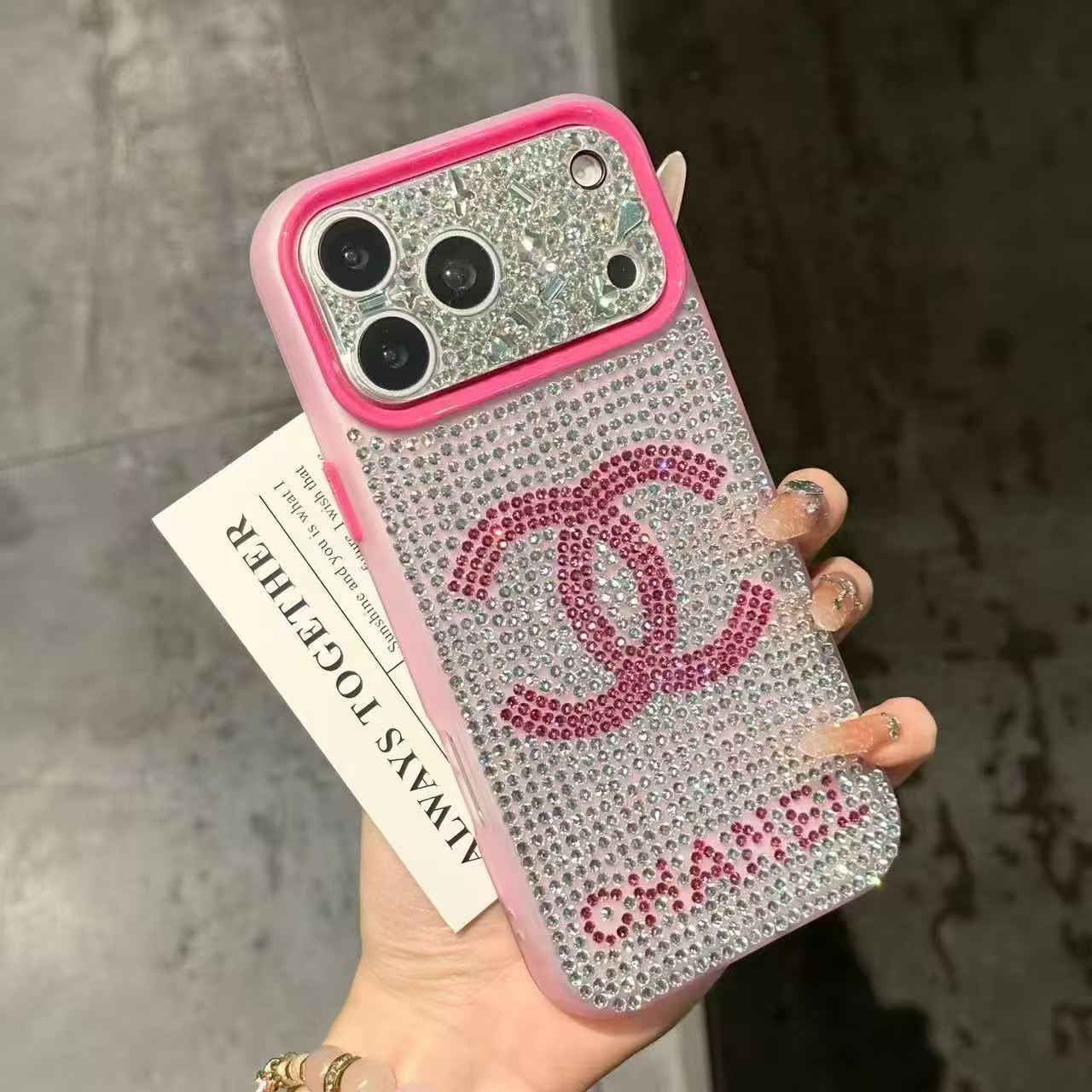 A luxurious, sparkling, and dazzling diamond iPhone phone case.