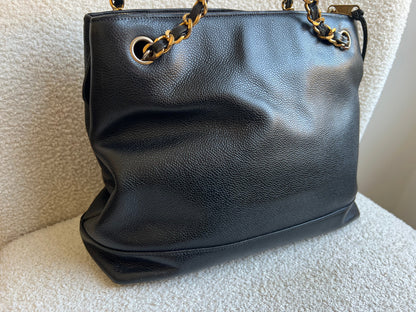 Chanel Vintage Black Caviar Chain Tote with Gold Hardware