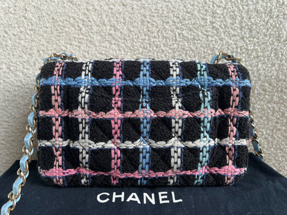 Chanel Classic Quilted Rectangular Mini Flap Bag in Multi Coloured Boucle Tweed and Champagne Gold Hardware (RRP £4390)