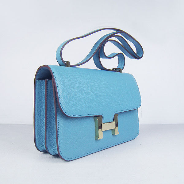 Luxury Hermes Calf Leather Message Bag Light Blue Golden