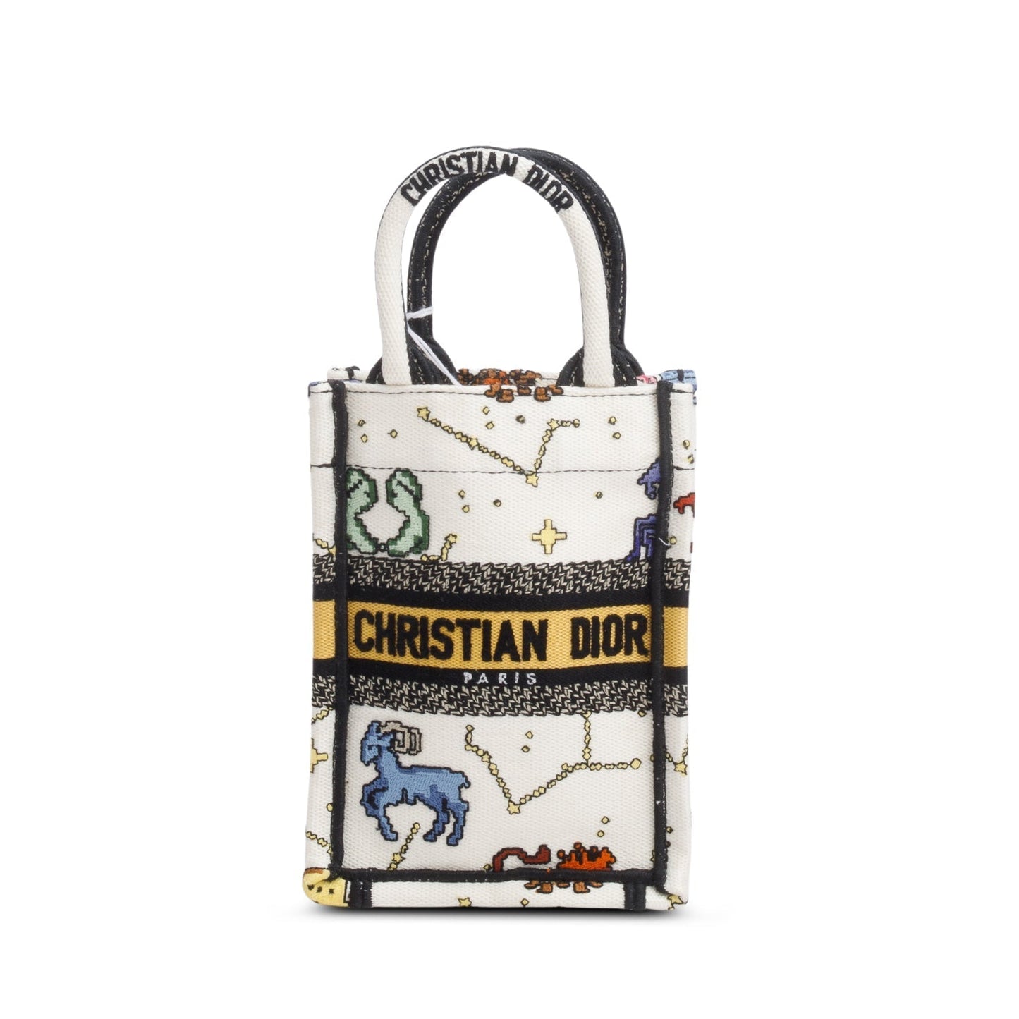 Christian Dior 2022 Cream Canvas Embroidered Pixel Zodiac Mini Book Tote Phone Bag
