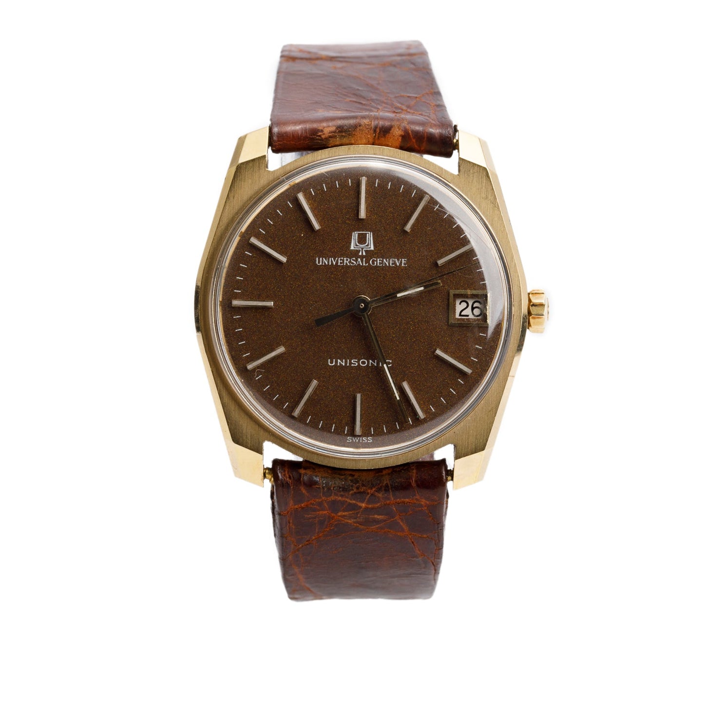 Universal Geneve Vintage 18k Yellow Gold Unisonic 34 MM Watch Brown Dial