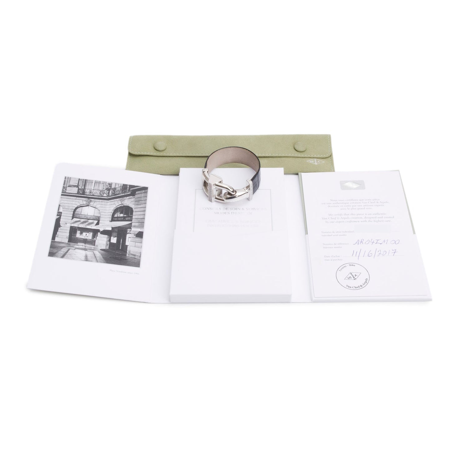 Van Cleef & Arpels 18k White Gold Diamond Cadenas Watch Mother of Pearl Dial w/ Receipt & Certificate