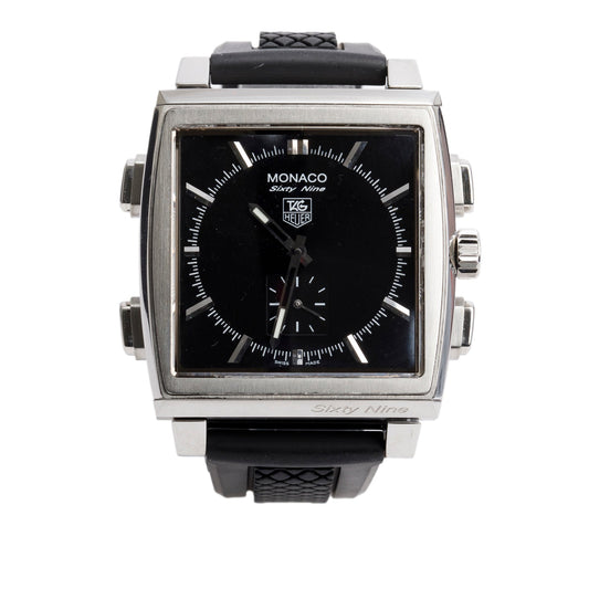 Tag Heuer Stainless Steel Monaco 69 Analog/Digital Flip 40.4 MM Manual Watch Black Dial CW9110-0 w/ Box & Papers