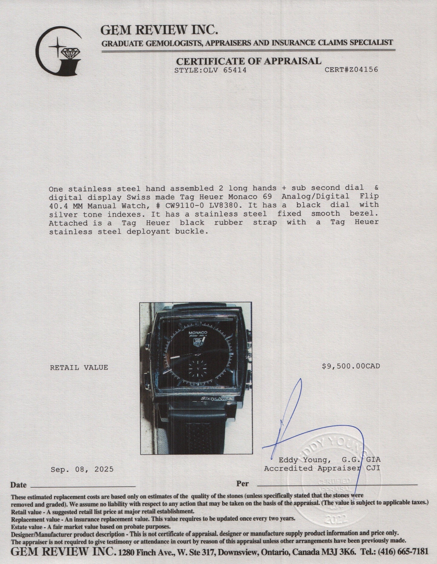 Tag Heuer Stainless Steel Monaco 69 Analog/Digital Flip 40.4 MM Manual Watch Black Dial CW9110-0 w/ Box & Papers