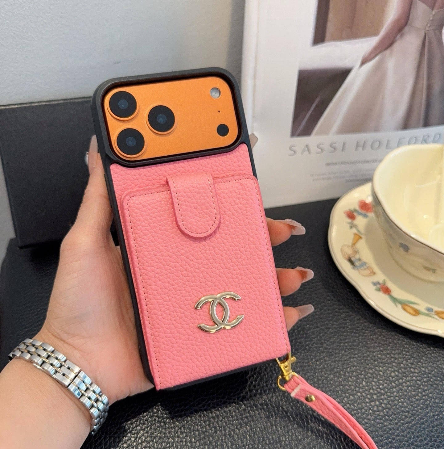 Chanel Style Leather Flip Card Holder Crossbody Phone Case