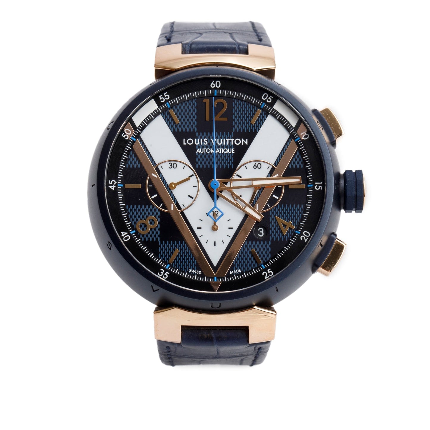 Louis Vuitton Rose Gold Plated Stainless Steel & Blue PVD Tambour 46 MM Automatic Chronograph Watch Damier Cobalt V Dial QA090 w/ Box