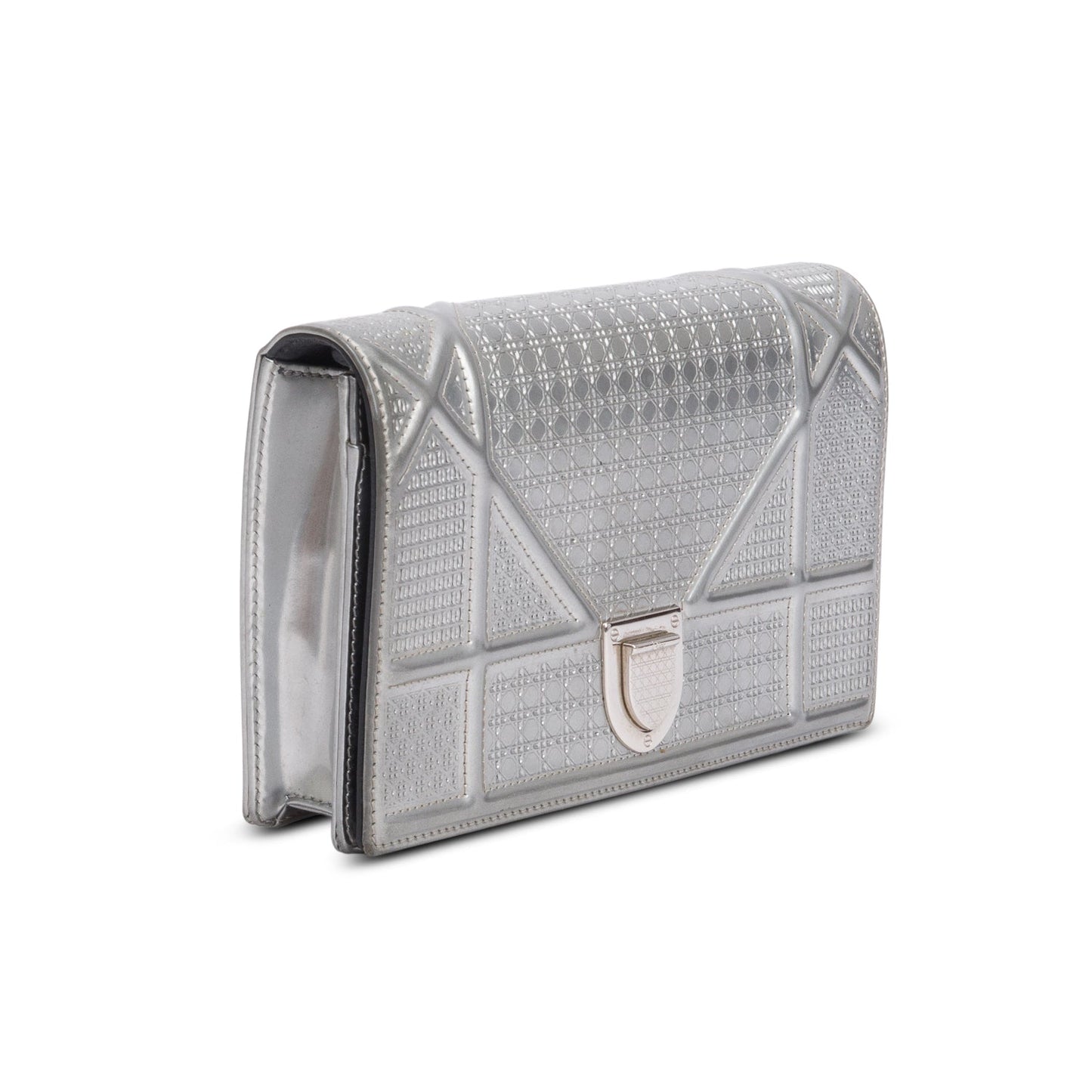 Christian Dior Silver Metallic Patent Calfskin Micro-Cannage Diorama Wallet on Chain