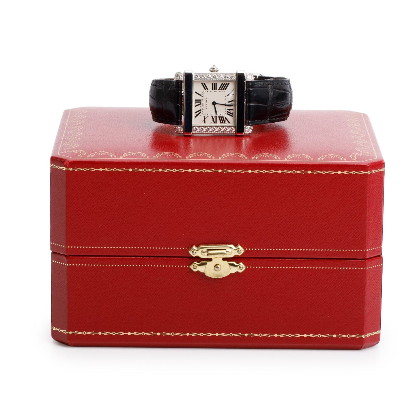 Cartier Platinum Diamond Bezel Tank Chinoise Watch, Large Model White Dial 2685 w/ Box