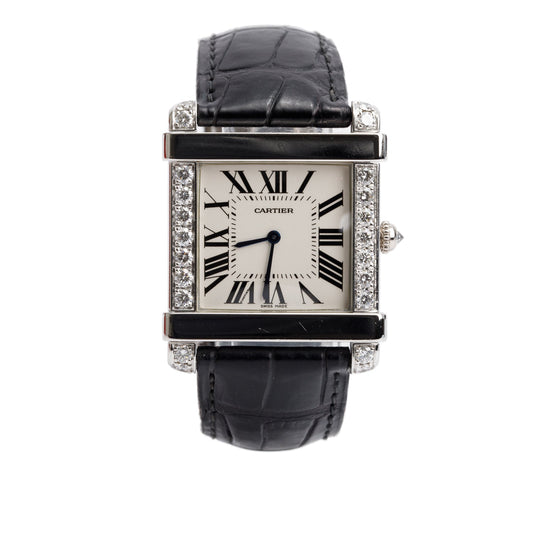 Cartier Platinum Diamond Bezel Tank Chinoise Watch, Large Model White Dial 2685 w/ Box