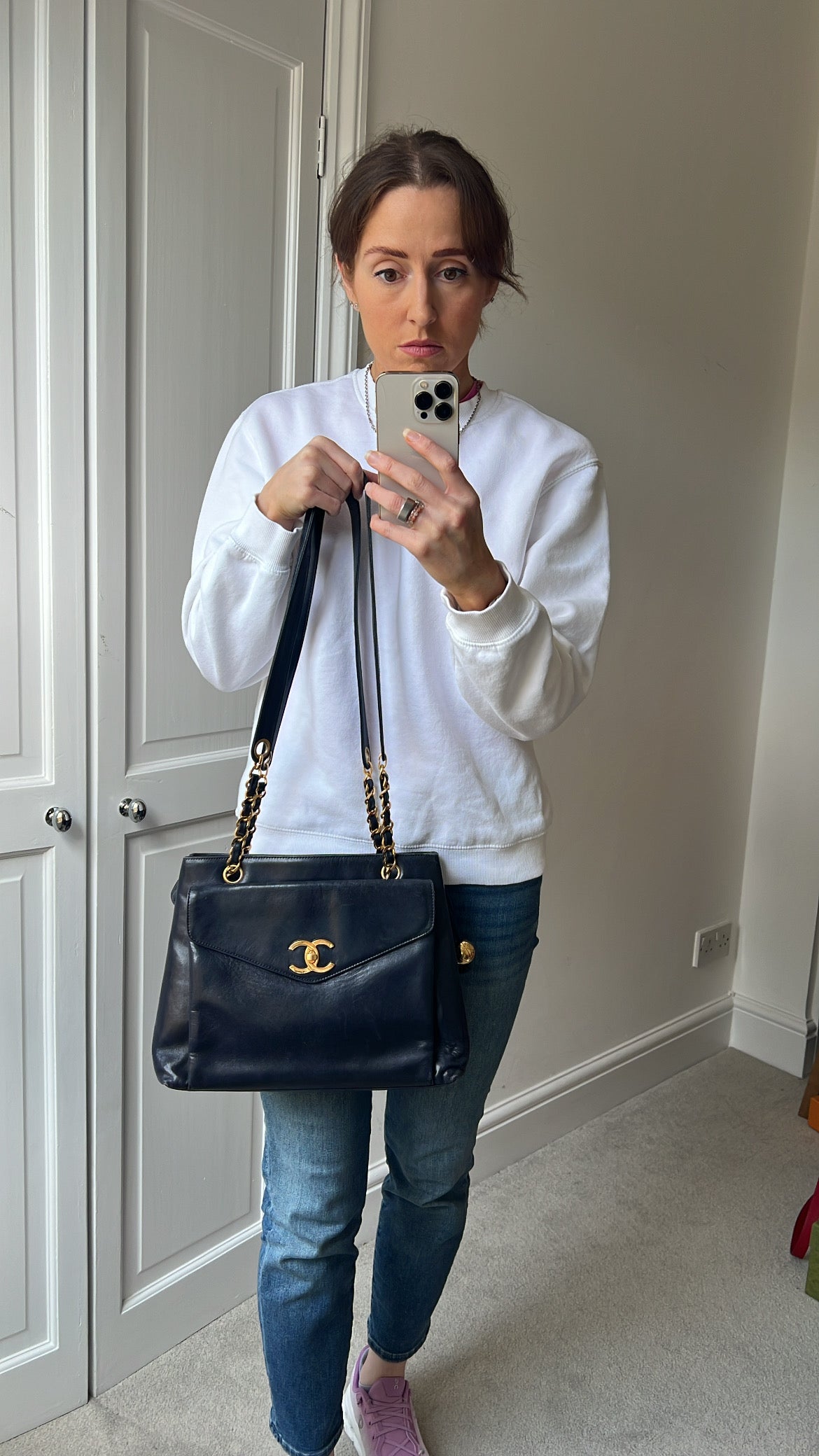Chanel Vintage Navy Lambskin Chain Tote with 24k Gold Hardware
