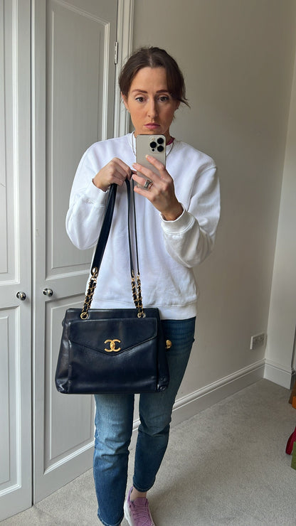 Chanel Vintage Navy Lambskin Chain Tote with 24k Gold Hardware