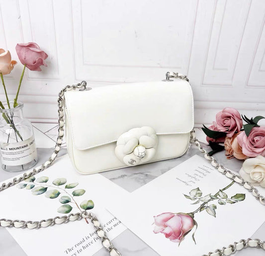 Chanel 23K White Patent Leather Camellia Large Mini Shoulder Bag