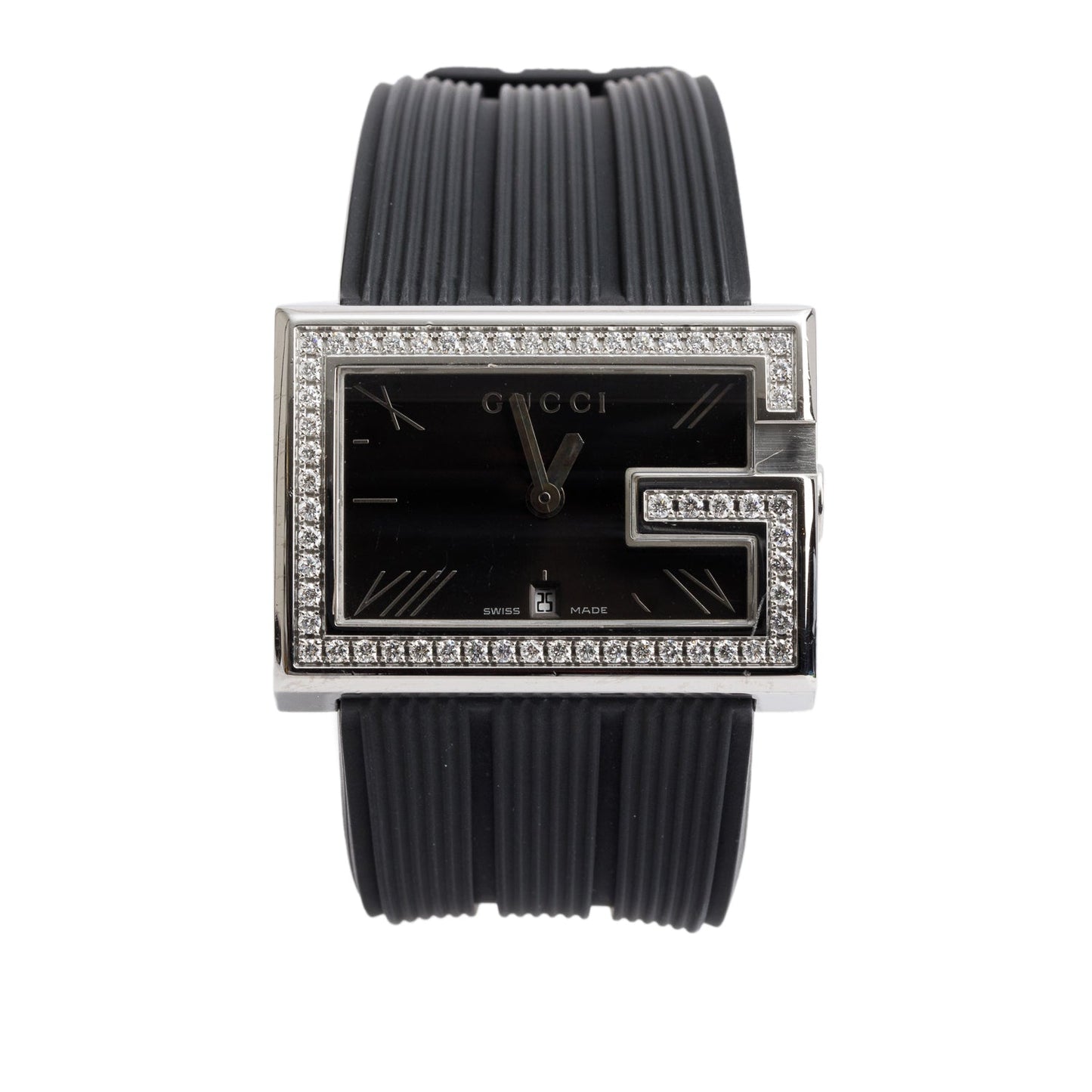 Gucci Staineless Steel Diamond Bezel 100M G-Rectangle Watch Black Dial