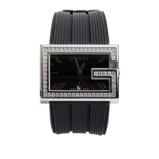 Gucci Staineless Steel Diamond Bezel 100M G-Rectangle Watch Black Dial