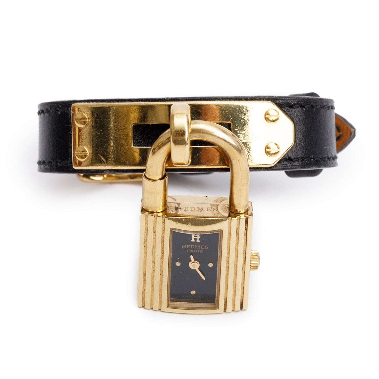 Hermes Gold Plated Stainless Steel Black Leather Kelly Lock Watch