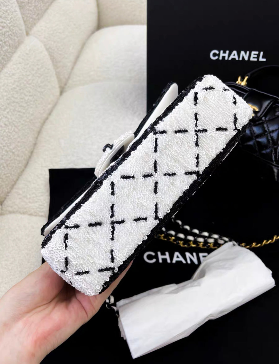 Chanel 24P Large Flap Bag Sequins Black Metal White Black