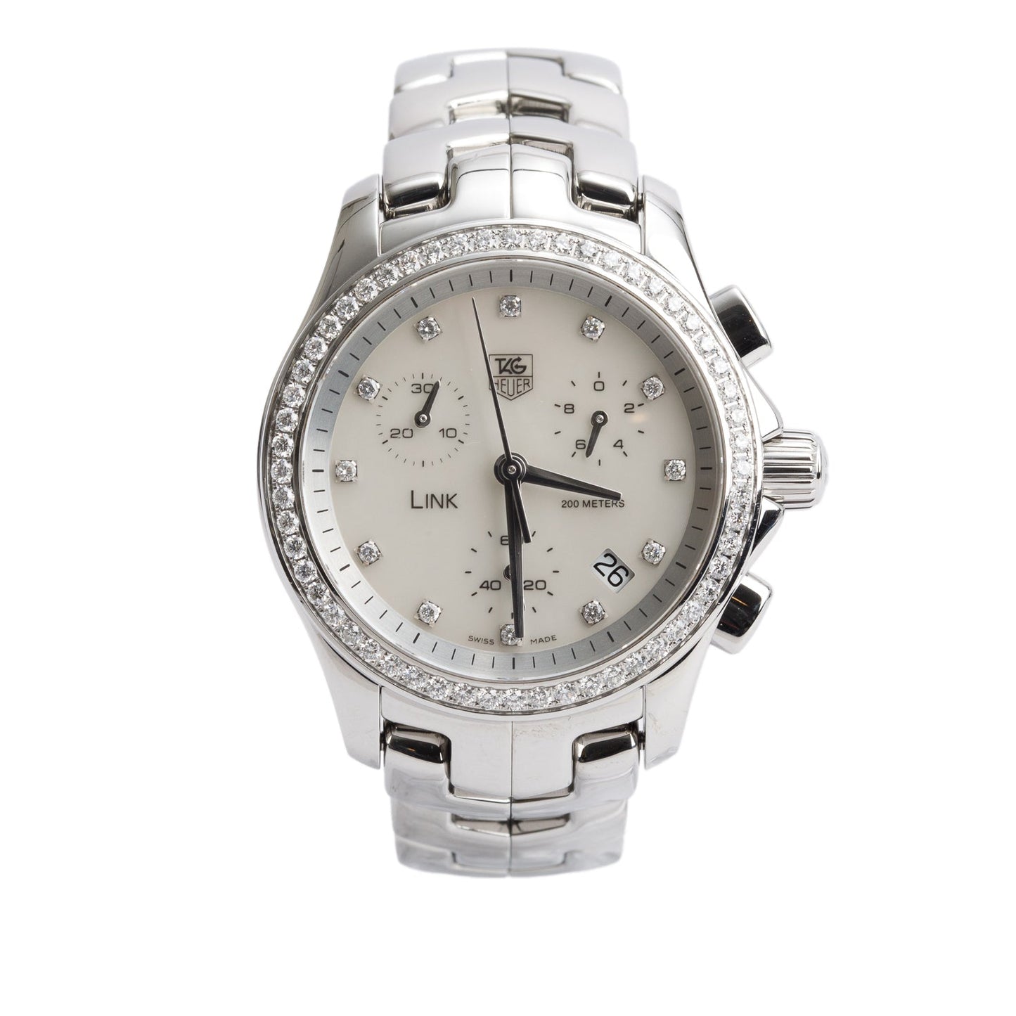 Tag Heuer Stainless Steel Link Diamond Bezel 33 MM Chronograph Quartz Watch Mother of Pearl Diamond Dial CJF1314 w/ Box & Papers