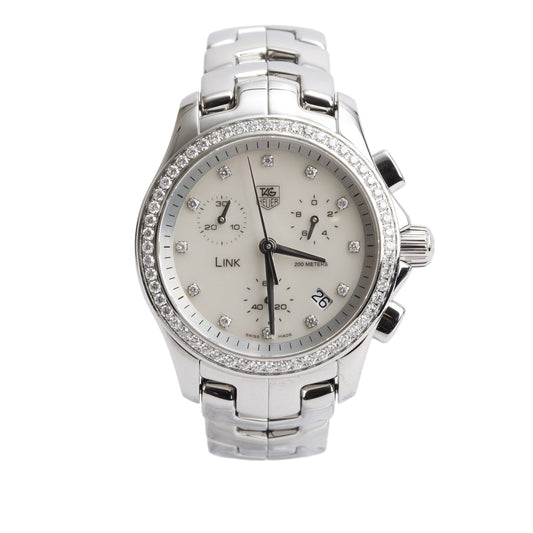 Tag Heuer Stainless Steel Link Diamond Bezel 33 MM Chronograph Quartz Watch Mother of Pearl Diamond Dial CJF1314 w/ Box & Papers